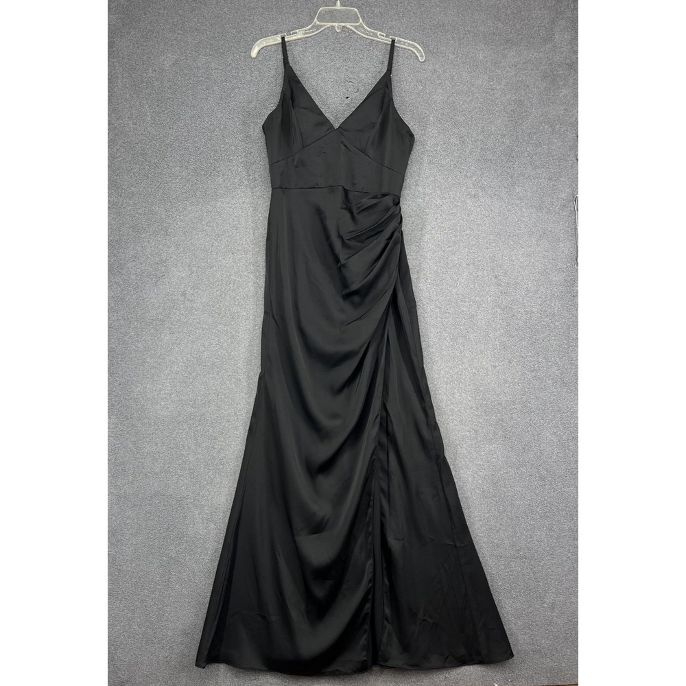 Azazie Maxi Dress Womens A8 Black Satin Ruched Side Slit V Neck Formal Gown